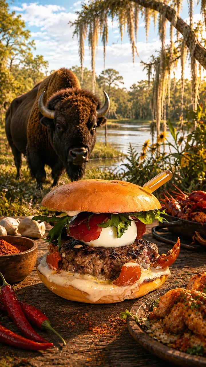 Burger à la burrata posé sur une table en bois, avec un bison dans un marais de Louisiane derrière lui