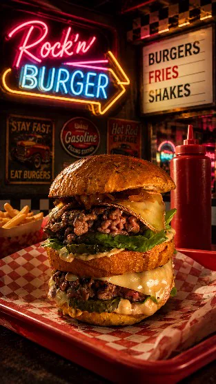 Burger sur un plateau à carreaux dans un diner, sous une enseigne néon « Rock’n Burger »