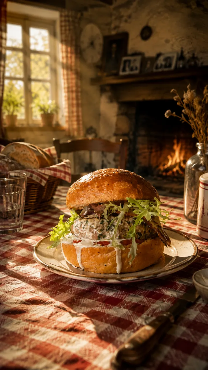 Burger posé sur une nappe à carreaux rouges, devant une cheminée