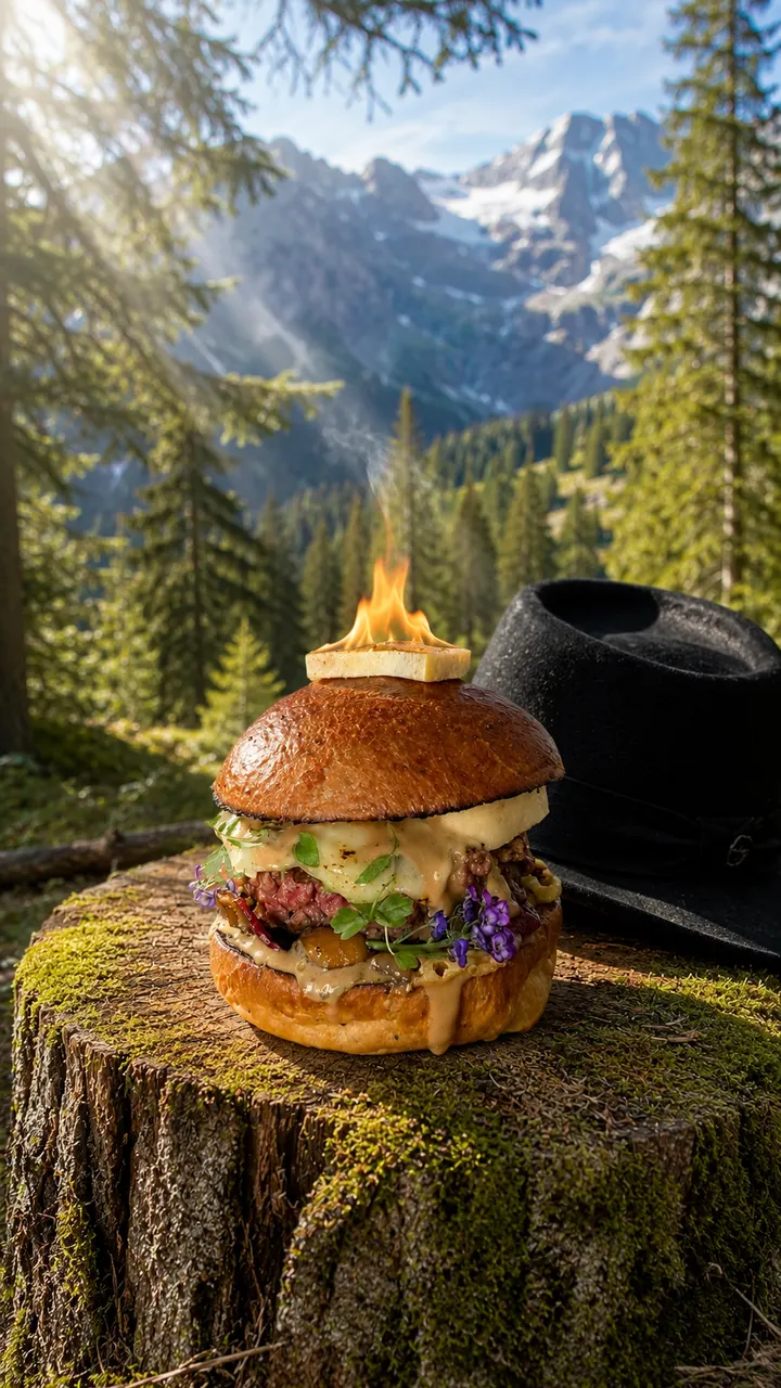 Burger flambé posé sur une souche, au milieu d’une forêt de pins face aux montagnes