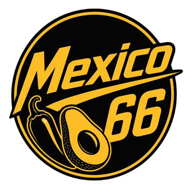 Logo du Mexico 66, jaune et noir, avec un piment et un avocat