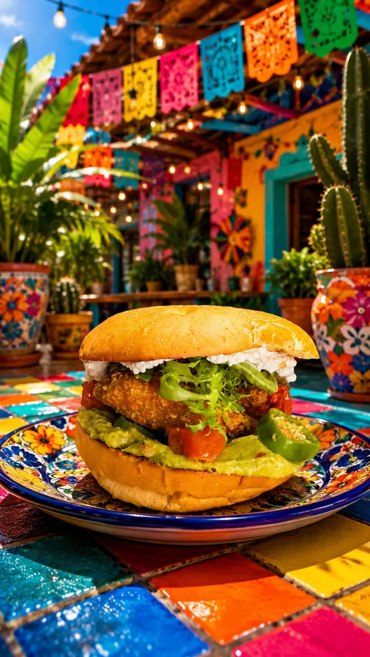 Burger au poulet croustillant et au guacamole sur une assiette colorée, sous des guirlandes de papel picado