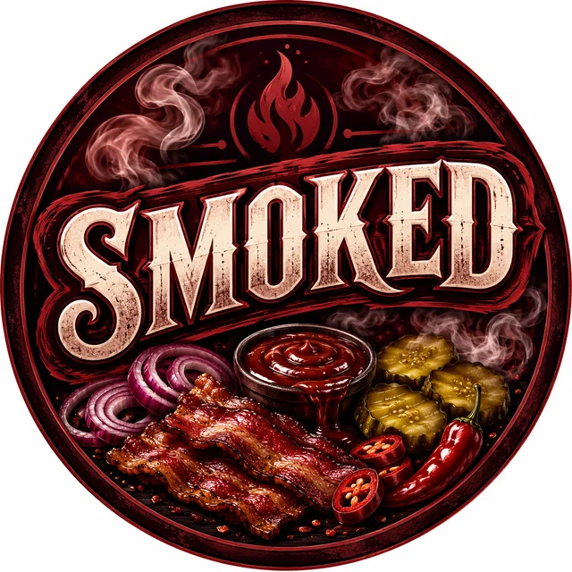 Logo « Smoked » : bacon, oignons rouges, sauce barbecue, cornichons et piment