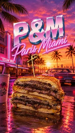 Affiche du Paris Miami, le sandwich smashé, sur fond néon rose et violet